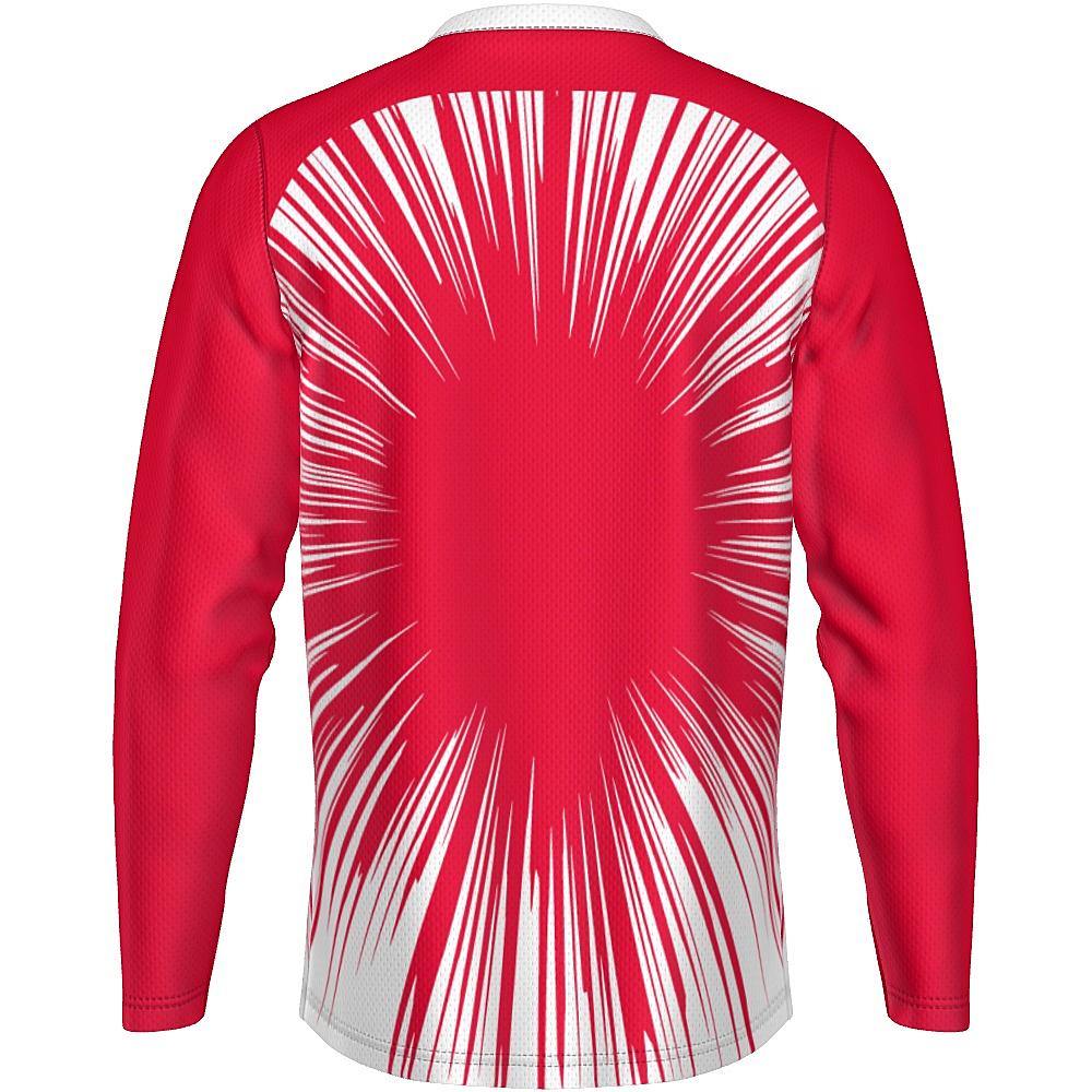 Red long-sleeve shirt with starburst design on a white background