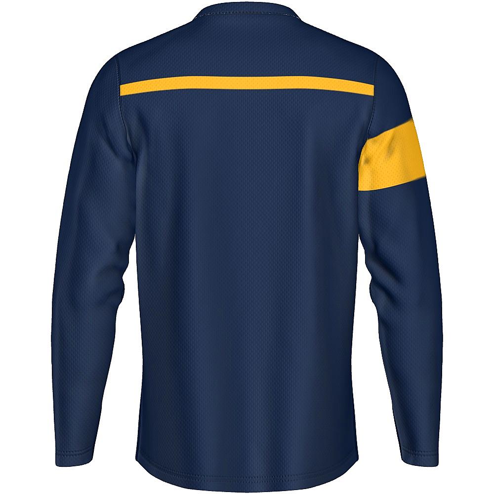 Navy long-sleeve shirt with yellow stripes on a white background