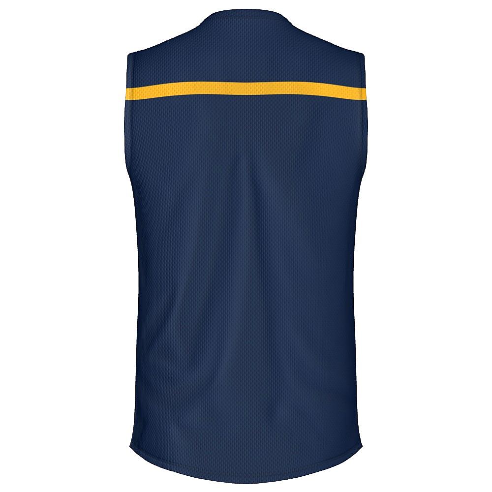 Navy sleeveless shirt with yellow stripes on a white background