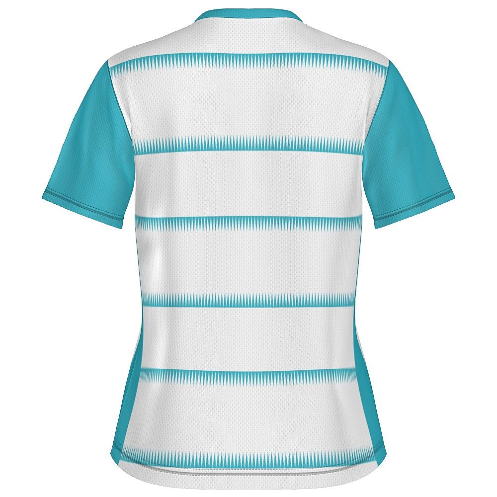 White shirt with teal sleeves and sawtooth stripes