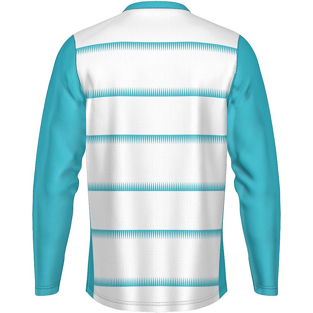 White long-sleeve shirt with teal sleeves and sawtooth stripes