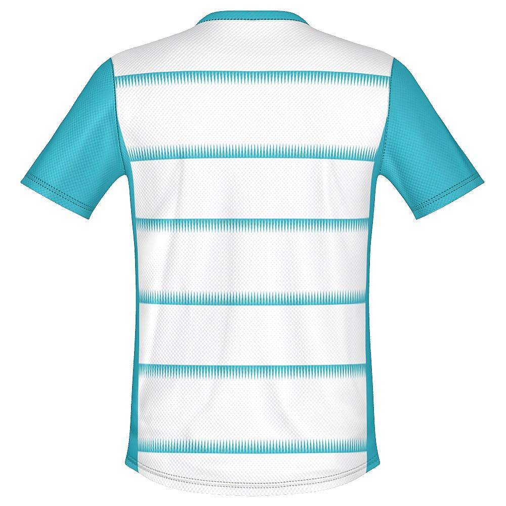 White shirt with teal sleeves and sawtooth stripes
