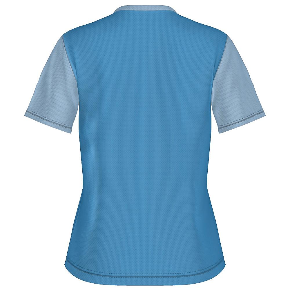 Blue shirt with contrasting sleeves and white horizontal stripe on a white background