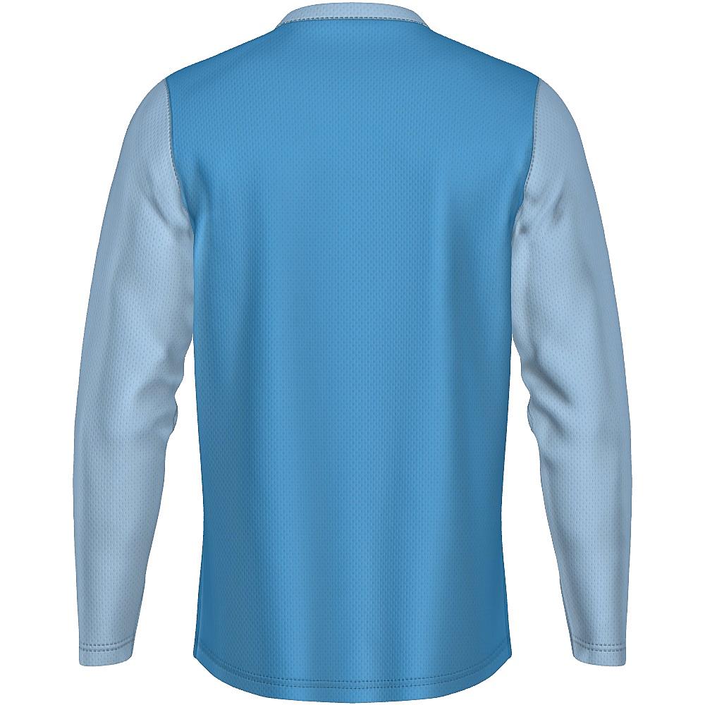 Blue long-sleeve shirt with contrasting sleeves and white horizontal stripe on a white background