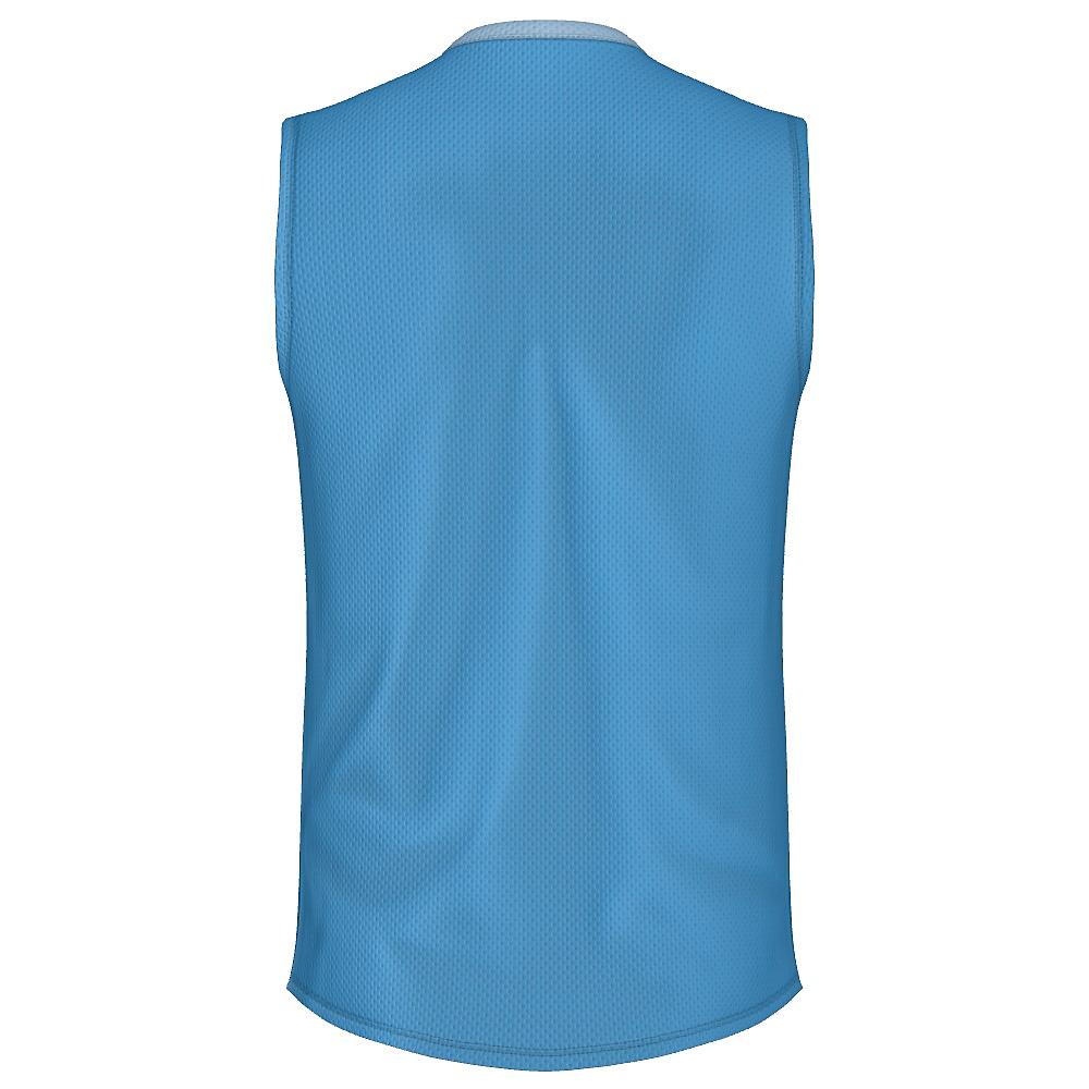 Blue sleeveless shirt with contrasting stripes on a white background