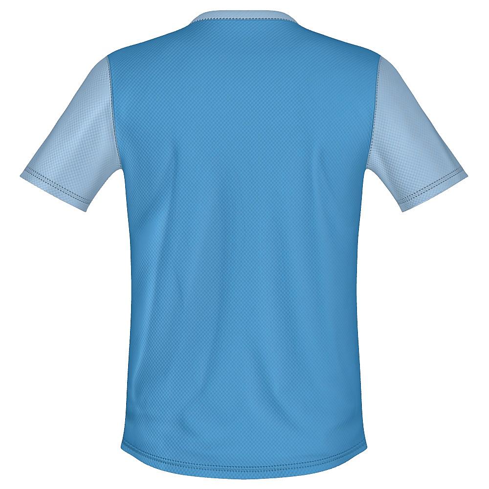 Blue shirt with contrasting sleeves and white horizontal stripe on a white background