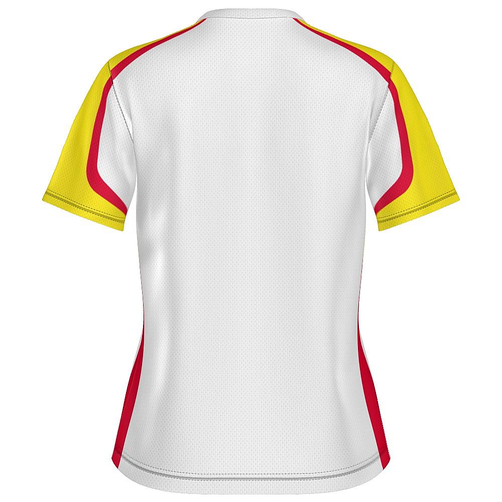 White shirt with yellow and red accents on a white background
