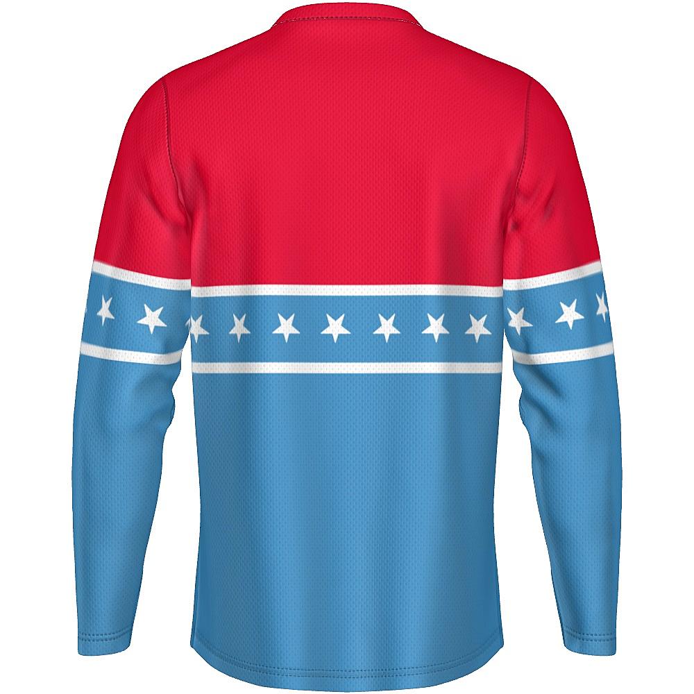 Blue and red long-sleeve shirt with white stars and stripes on a white background