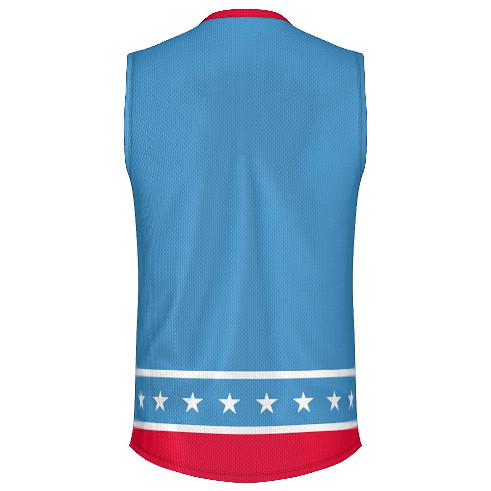 Blue sleeveless shirt with white stars and red stripes on a white background