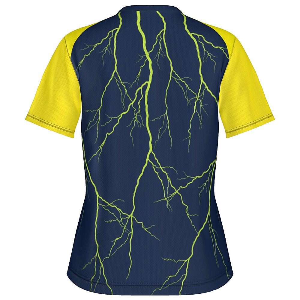 Navy shirt with yellow sleeves and lightning design on a white background