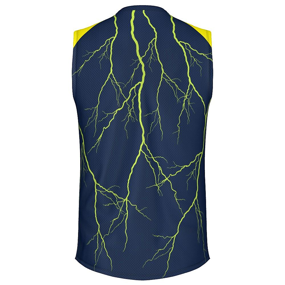 Navy sleeveless shirt with yellow shoulders and lightning design on a white background