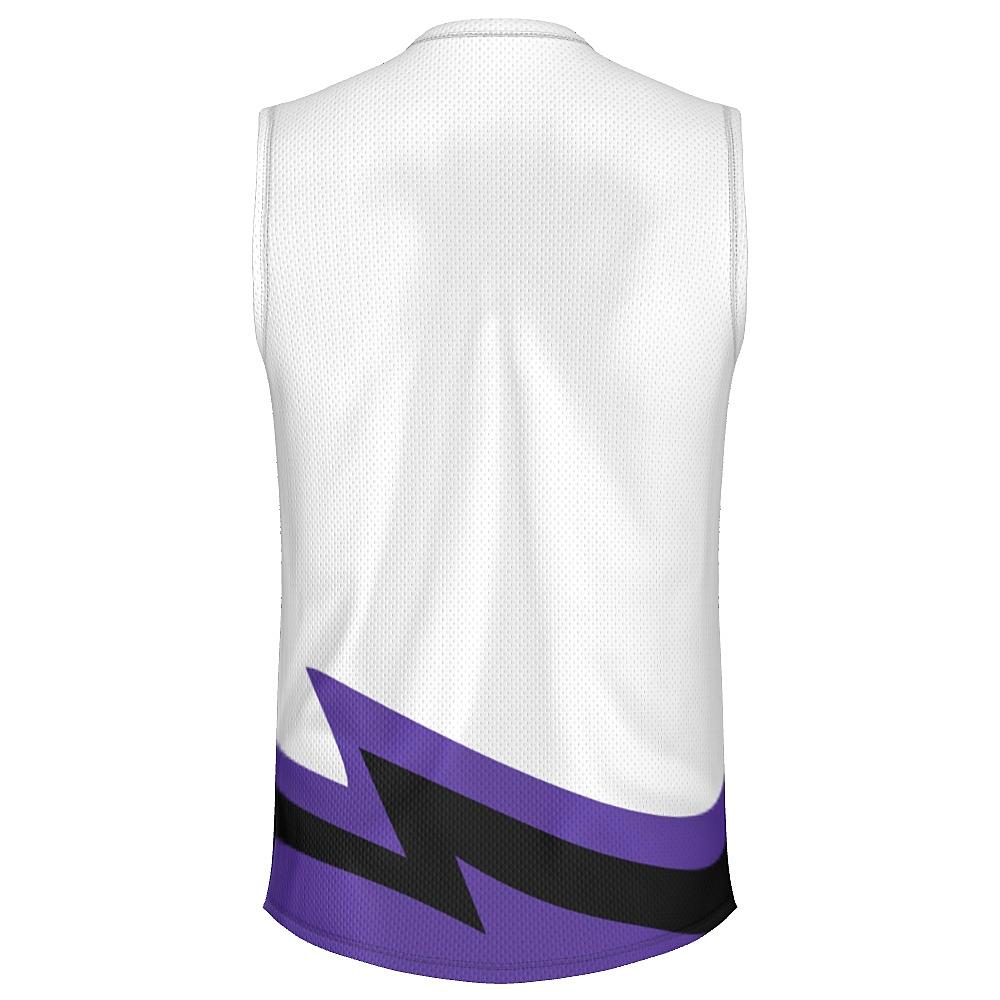 White sleeveless shirt with black and purple accents on a white background