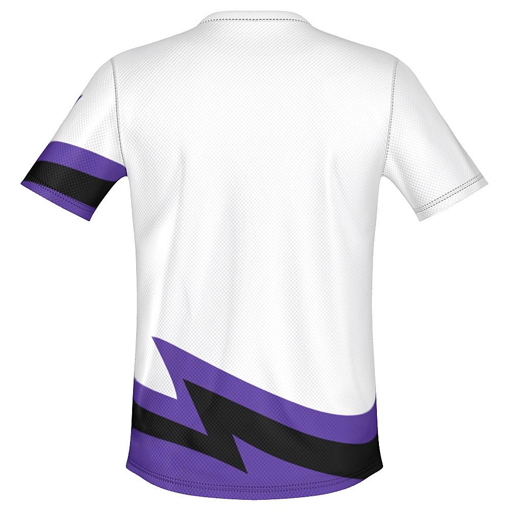 White shirt with black and purple accents on a white background