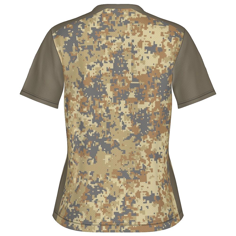 Earth-tone shirt with digital camo design on a white background