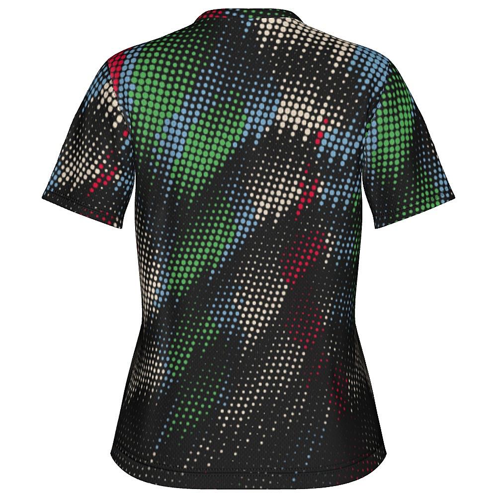 Black shirt with multicolored dot pattern on a white background