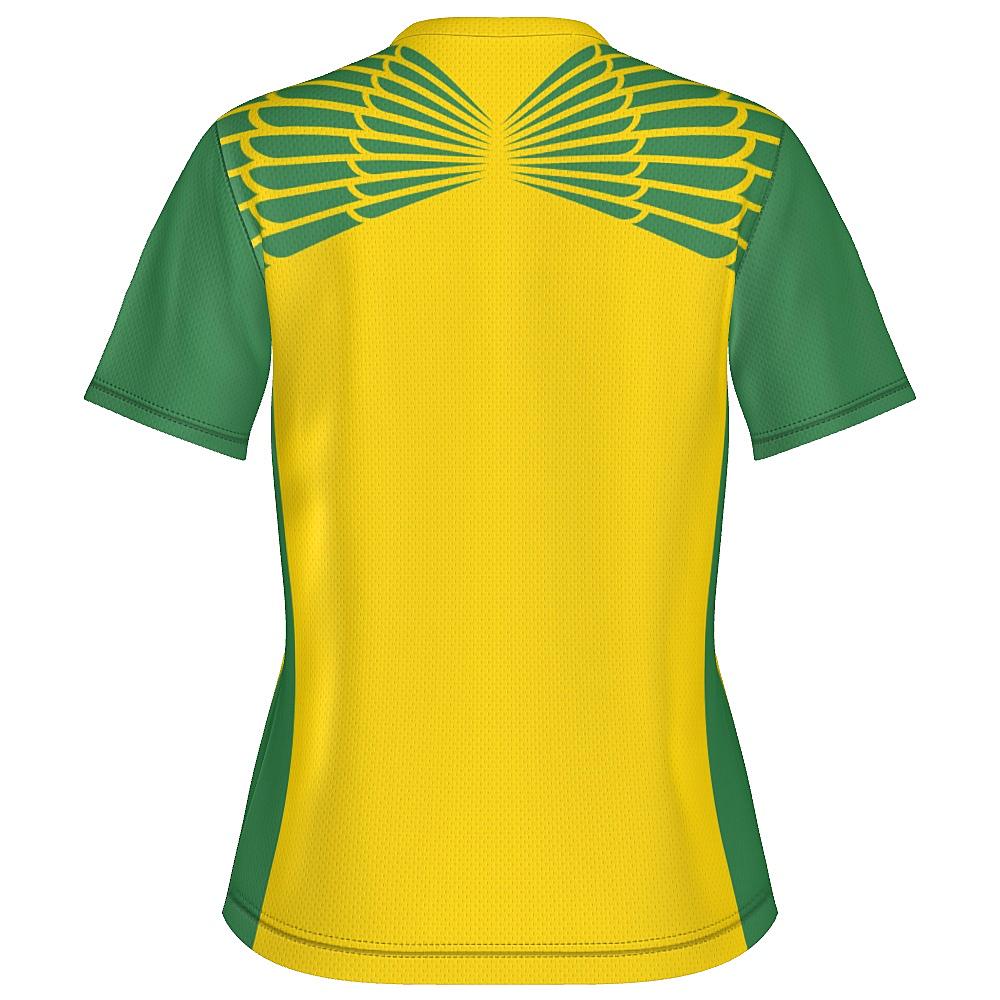 Yellow and green shirt with feather design on upper back and shoulders