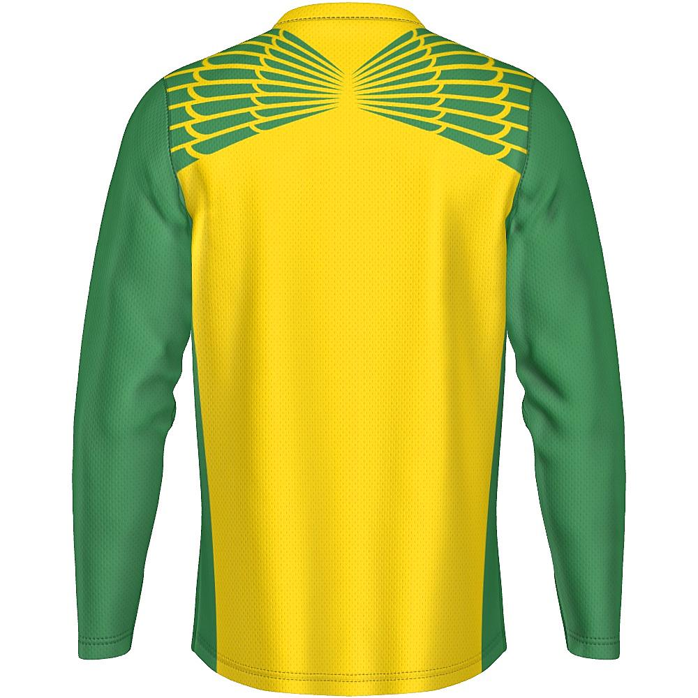Yellow and green long-sleeve shirt with feather design on upper chest and back