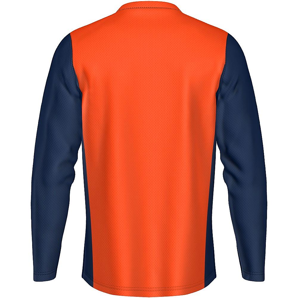 Navy and orange long-sleeve shirt on a white background