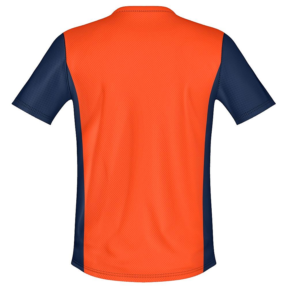 Orange shirt with navy sleeves and side panels on a white background