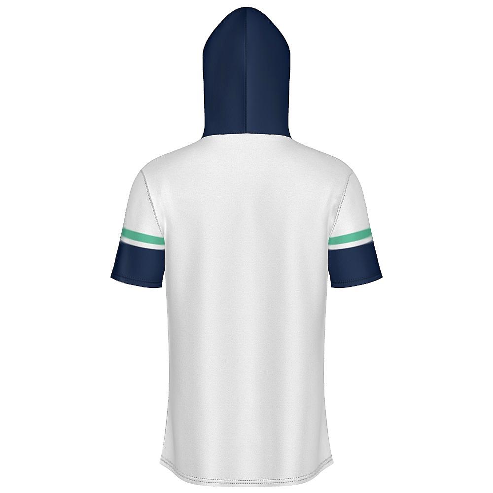 White short-sleeve hoodie with navy and green accents on a white background