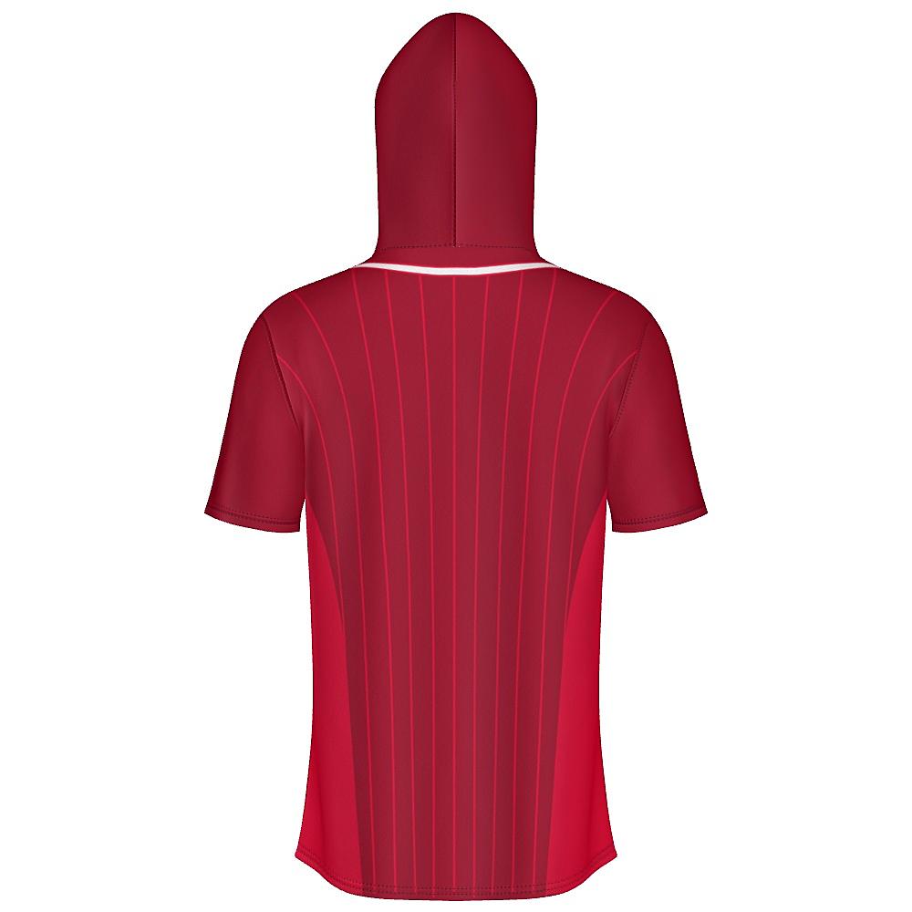 Red short-sleeve hoodie with pinstripe design on a white background