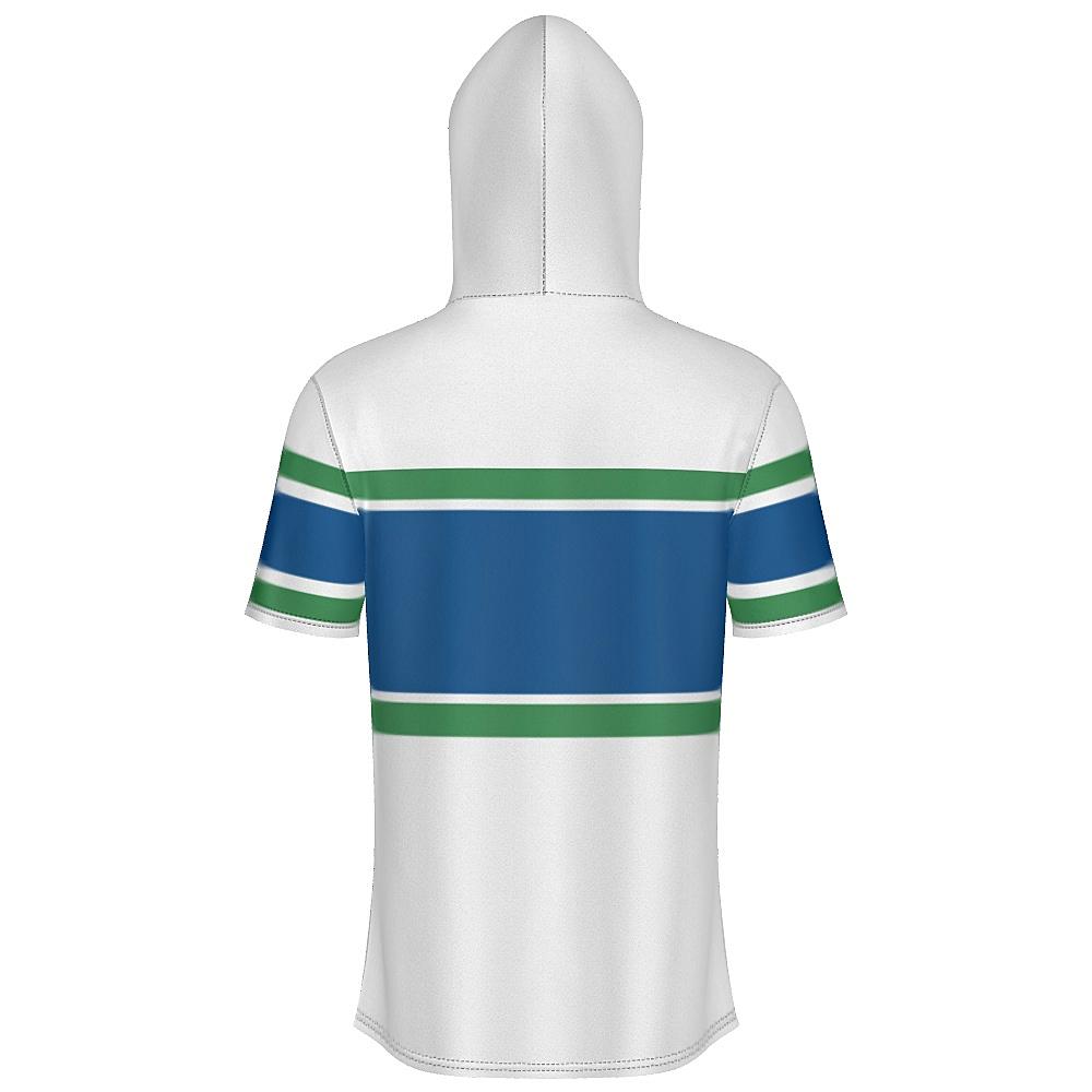 White, blue and green short-sleeve hoodie on a white background