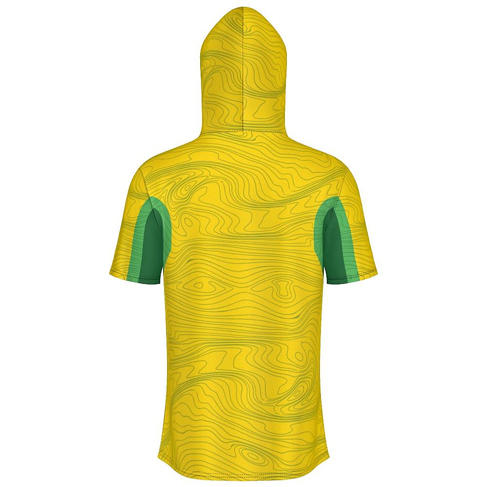 Yellow short-sleeve hoodie with topography design and green accents on a white background