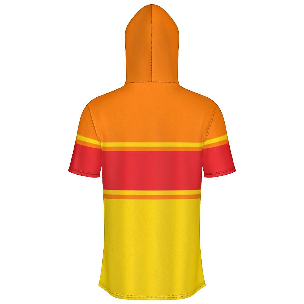 Red, orange and yellow short-sleeve hoodie on a white background