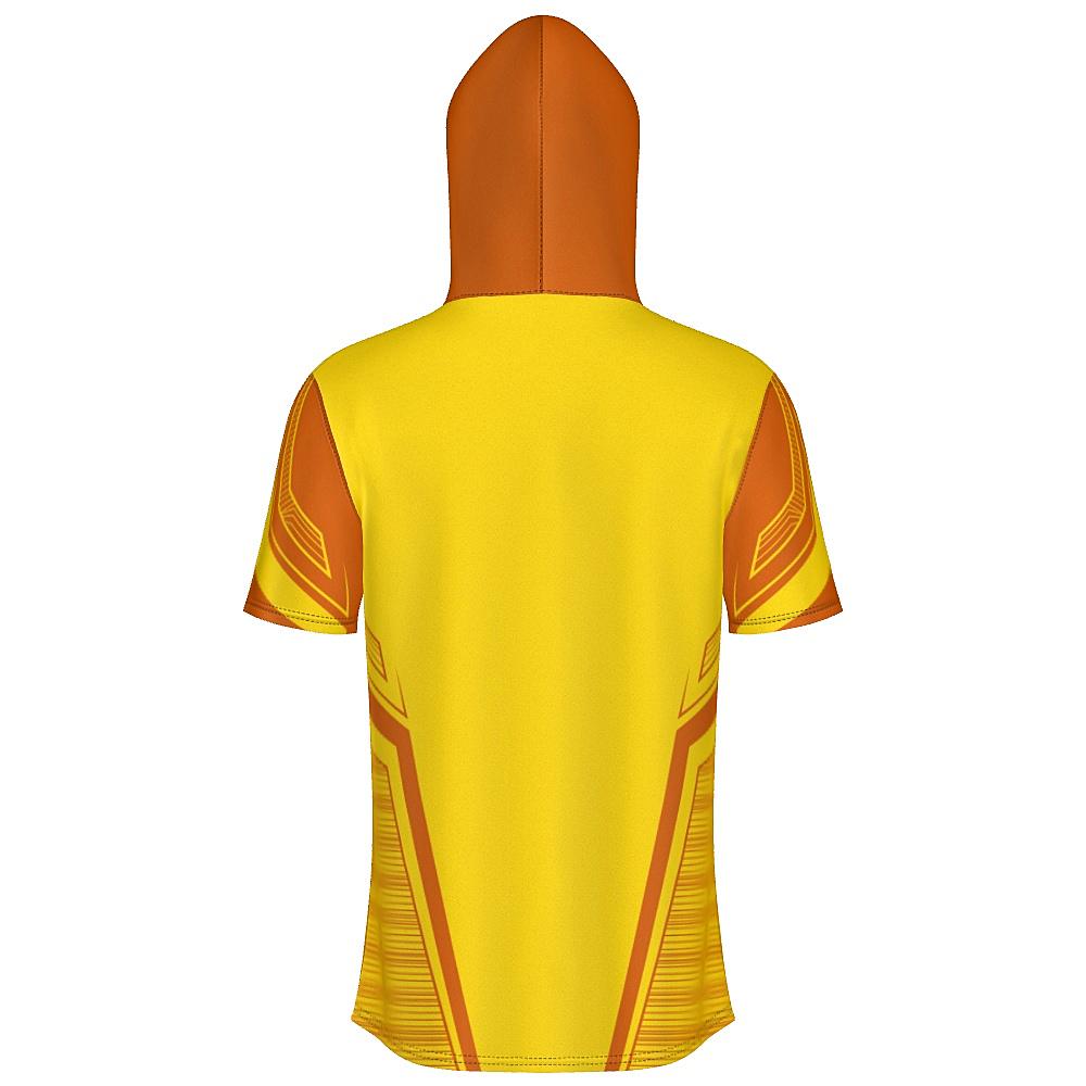 Yellow short-sleeve hoodie with orange accents on a white background