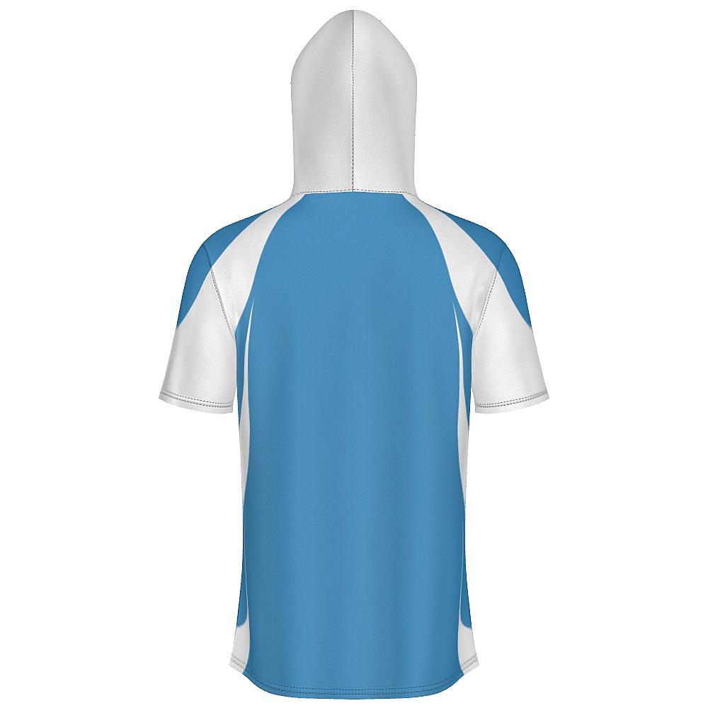 Blue short-sleeve hoodie with white accents on a white background