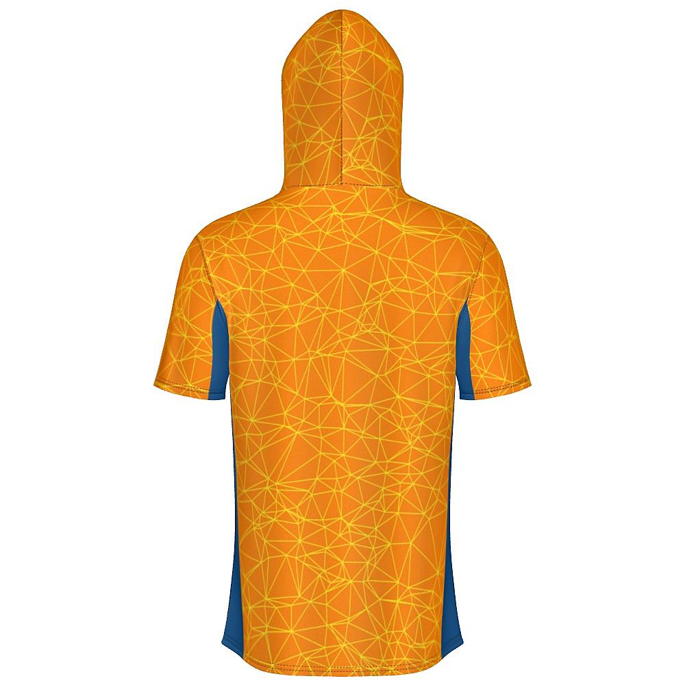 Orange short-sleeve hoodie with yellow geometric design and blue accents on a white background