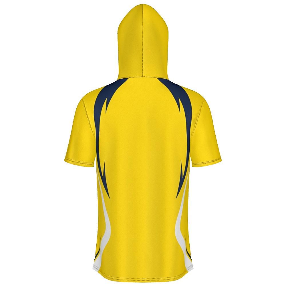 Yellow short-sleeve hoodie with navy and white accents on a white background