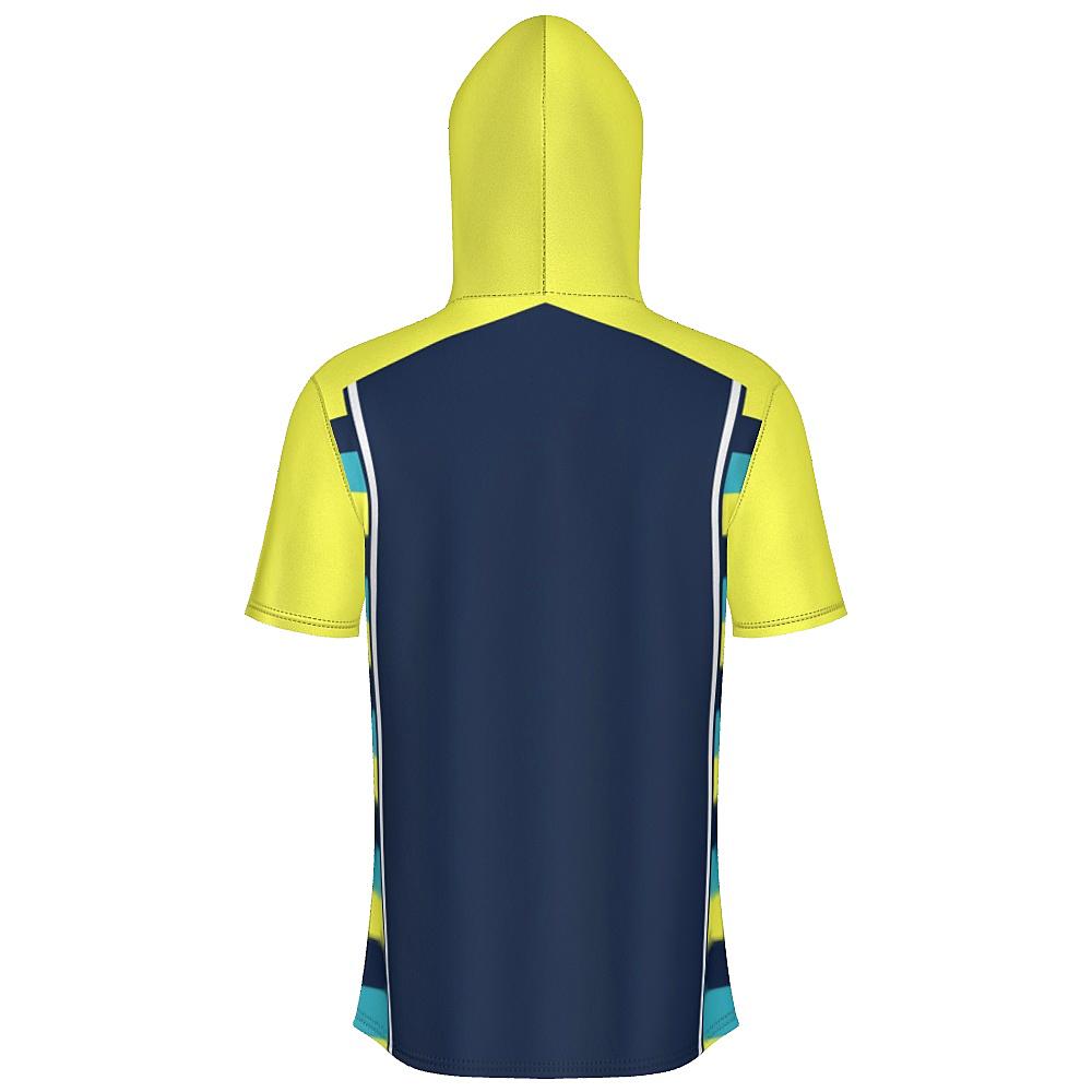 Navy short-sleeve hoodie with yellow sleeves and striped side panels on a white background