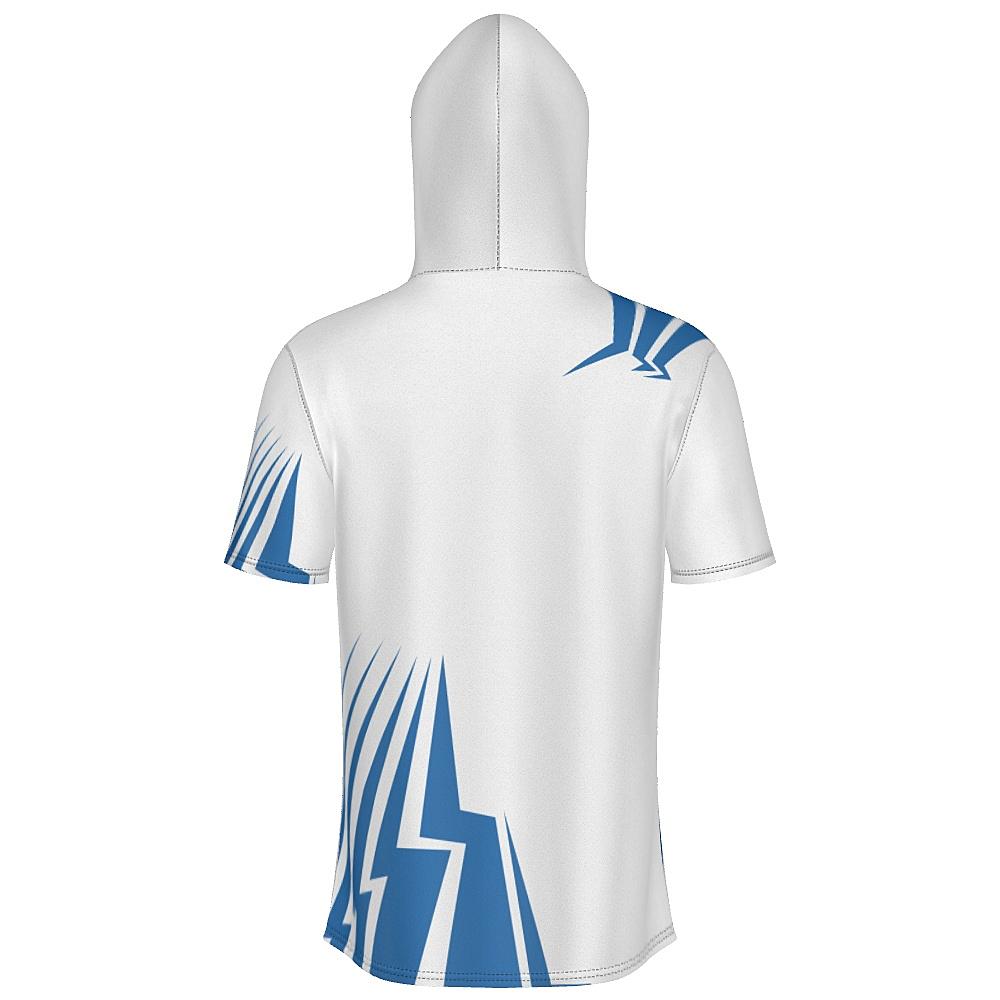 White short-sleeve hoodie with blue bolt-shaped accents on a white background
