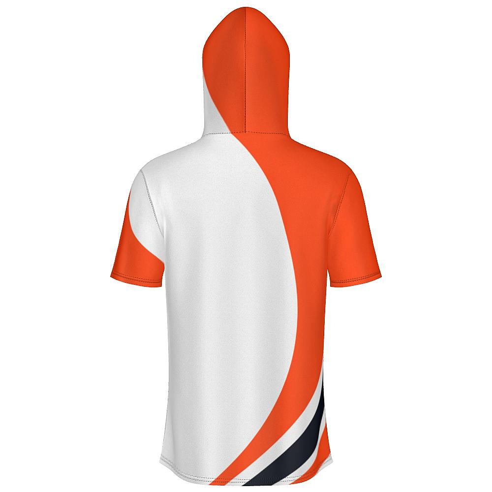 White short-sleeve hoodie with black and orange curved stripes on a white background