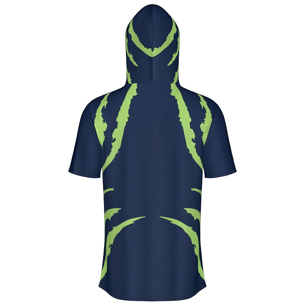Blue short-sleeve hoodie with green accents on a white background