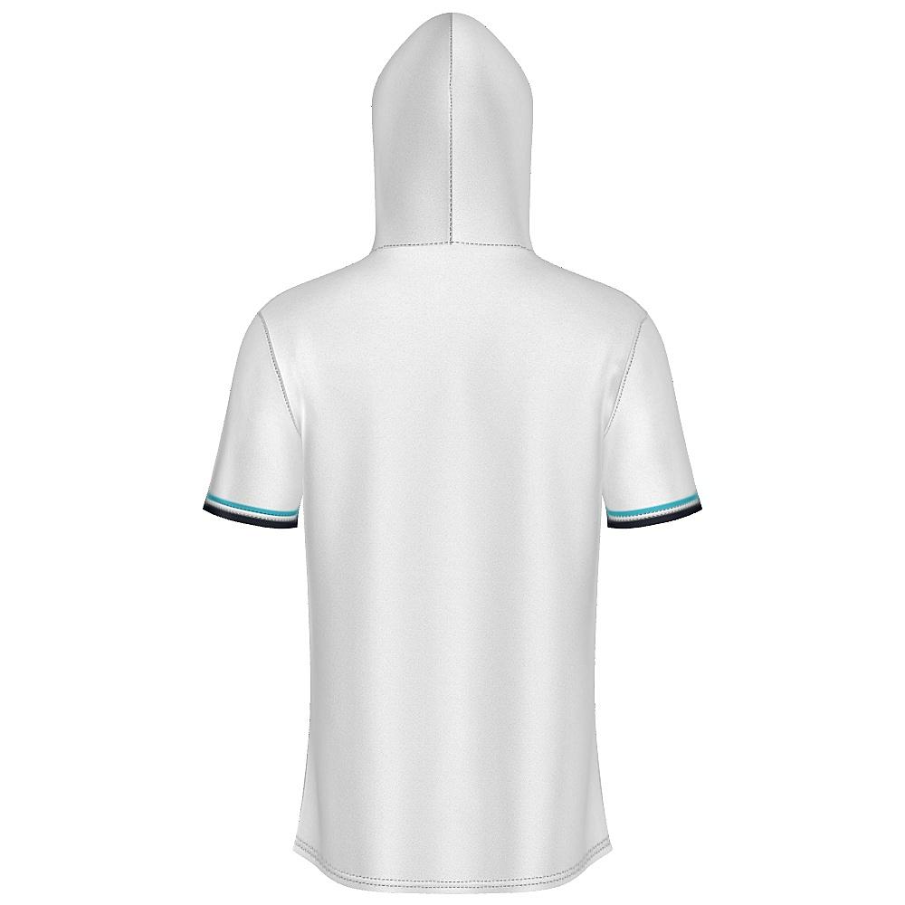 White short-sleeve hoodie with blue argyle design on a white background