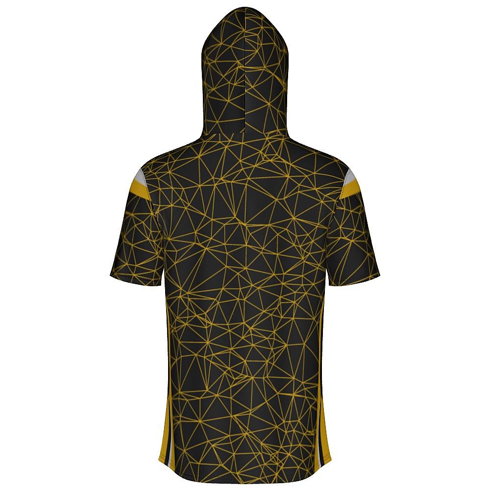 Black short-sleeve hoodie with yellow geometric design on a white background
