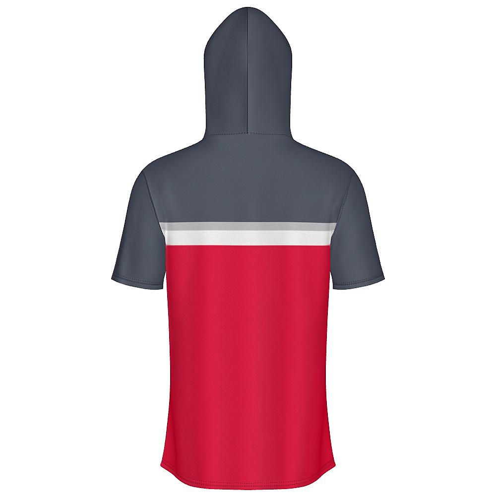 Grey short-sleeve hoodie with white and red accents on a white background