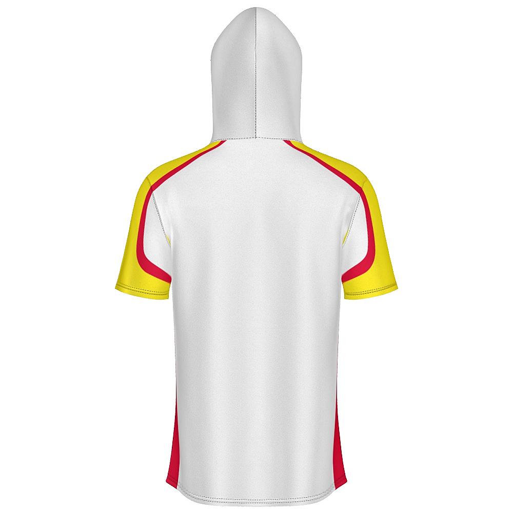 White short-sleeve hoodie with yellow and red accents on a white background