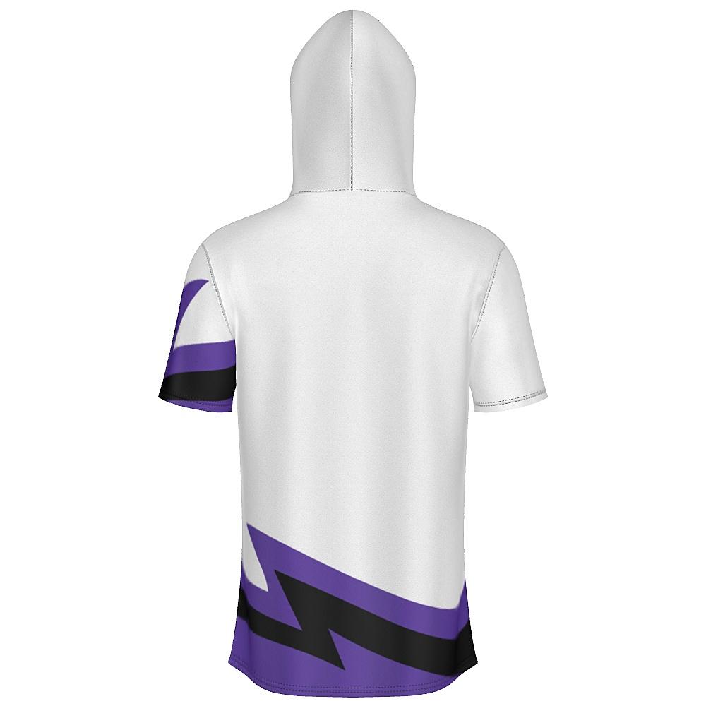 White short-sleeve hoodie with black and purple accents on a white background