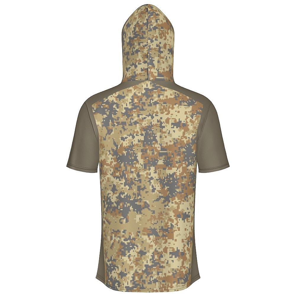 Earth-tone short-sleeve hoodie with digital camo design on a white background