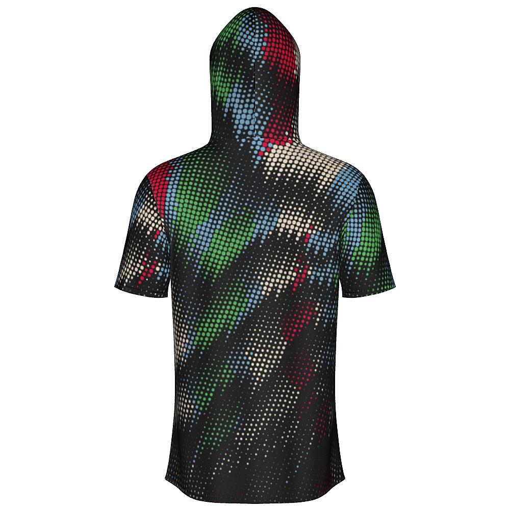 Black short-sleeve hoodie with multicolored dot pattern on a white background