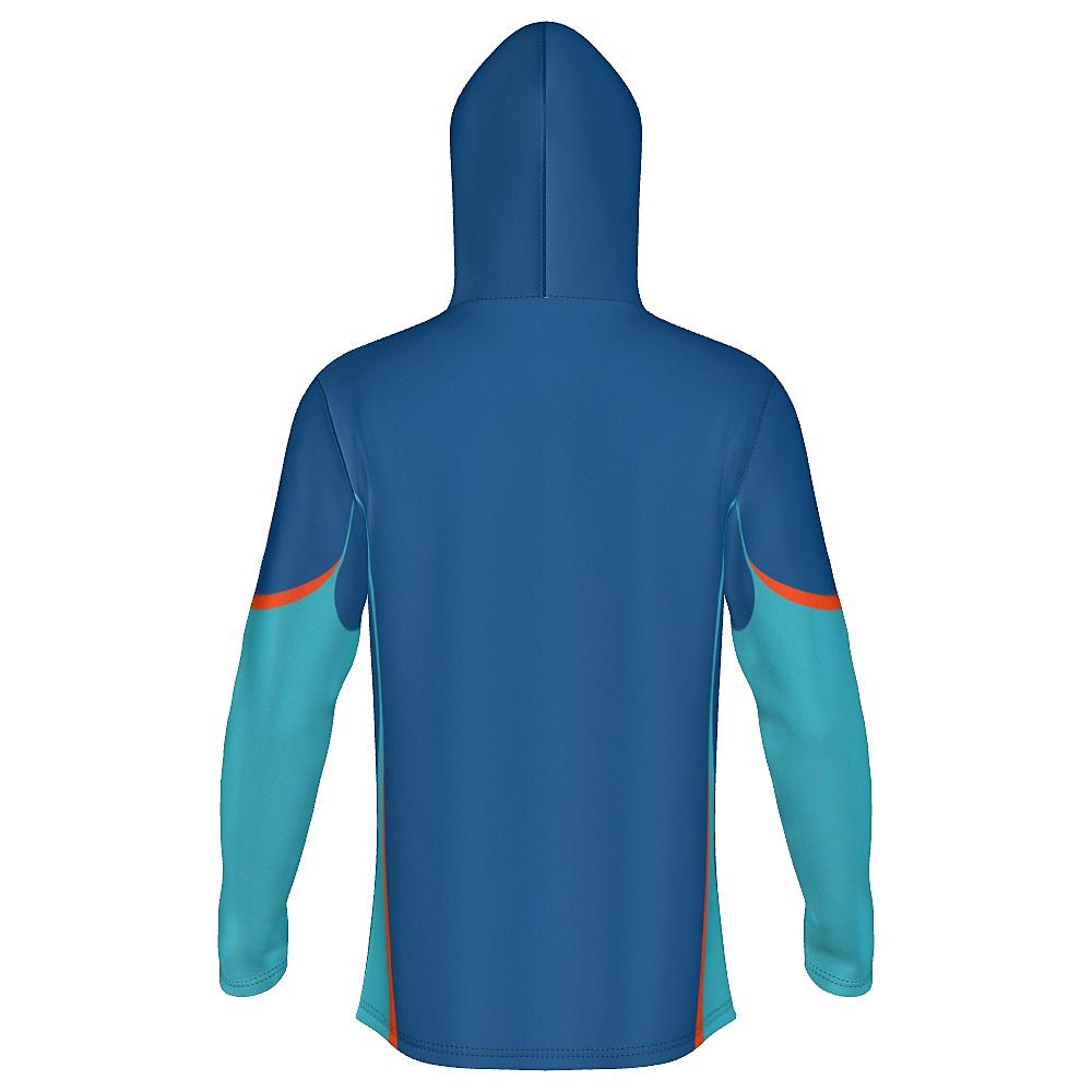 Blue hoodie with teal and orange accents on a white background