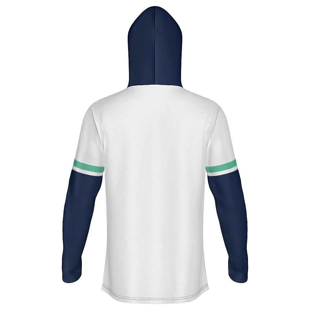 White long-sleeve hoodie with navy and green accents on a white background