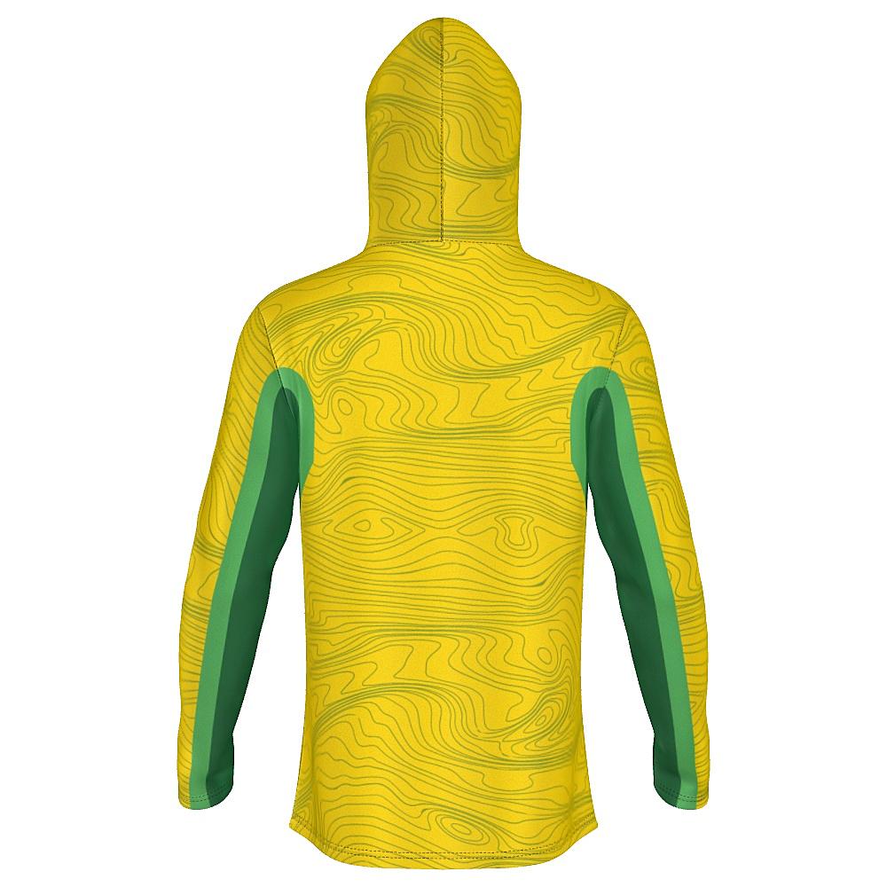 Yellow hoodie with topography design and green accents on a white background