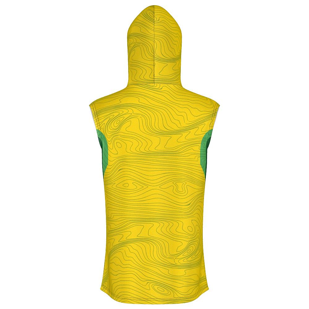 Yellow sleeveless hoodie with topography design and green accents on a white background