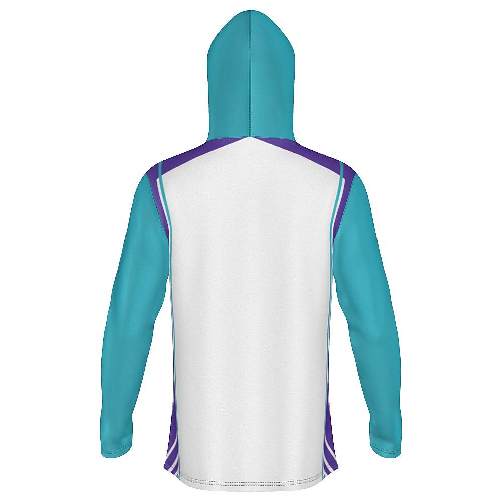 White hoodie with teal and purple accents on a white background