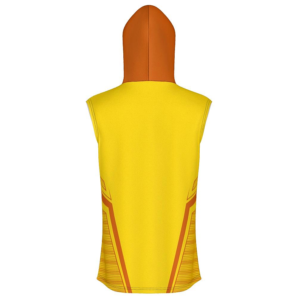 Yellow sleeveless hoodie with orange accents on a white background