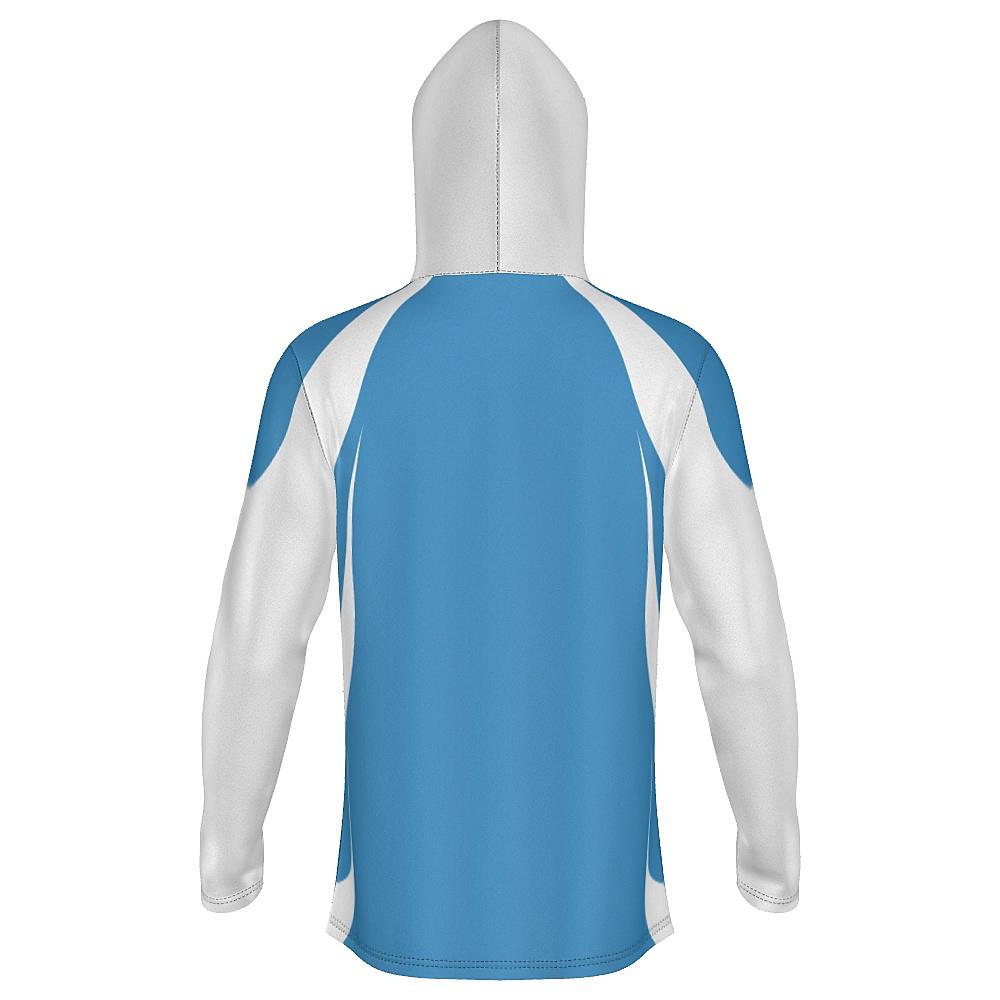 Blue hoodie with white accents on a white background
